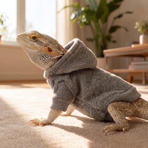 Könnte beinhalten: Eine Bartagame, die einen grauen, langärmeligen Kapuzenpullover aus einem strukturierten, fleeceartigen Material trägt. Das Kleidungsstück verfügt über gerippte Bündchen an den Ärmeln und eine Kapuze, die auf dem Rücken der Echse aufliegt.