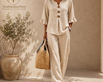 Women's Two Piece Lounge Set V Neck Ruffle Sleeve Casual Wide Leg Pants Outfit
