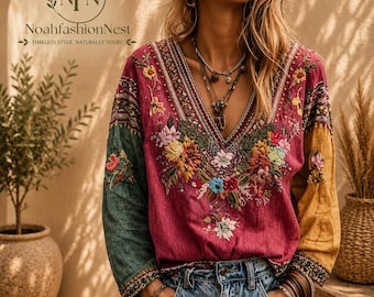 Women's Retro Floral Linen Blouse Bohemian V Neck Everyday Loose Fit Printed Top