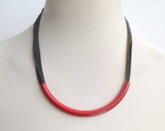 Minimalist Black Leather Red Tube Necklace, Casual Bold Necklace, Leather and Metal Jewelry, Women's Fashion Leather Necklace