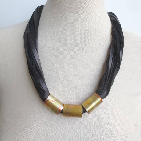 Black Leather Cord Necklace Statement Necklace Copper Spacers  Leather Jewelry for Women