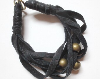 Black Leather Bracelet with Brass Beads, Handmade Jewelry