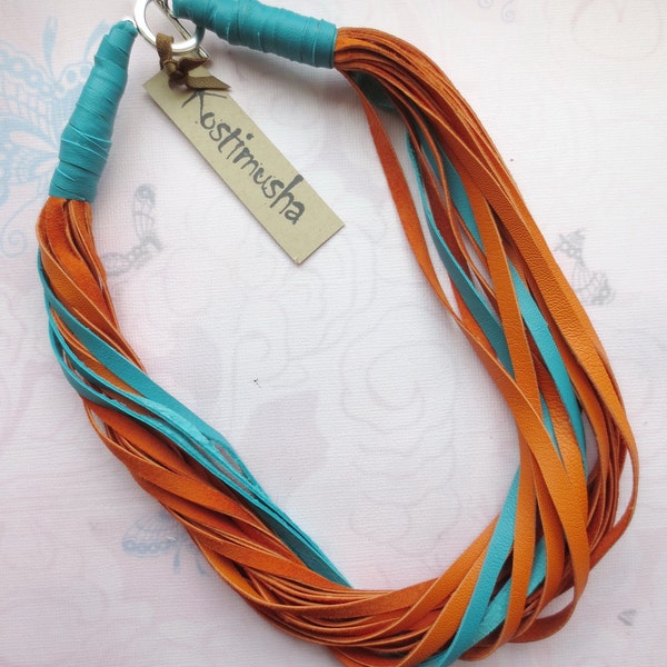 Colorful Orange Turquoise Leather Necklace, String Bib Statement Necklace, Leather Jewelry