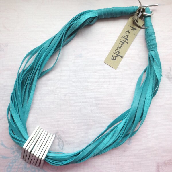 Leather Statement Necklace, Turquoise & Aluminum Spacers, Teal String Necklace, Leather Jewelry