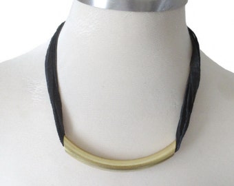 Minimalist Black Leather Necklace with Raw Brass, Bold Leather Jewelry