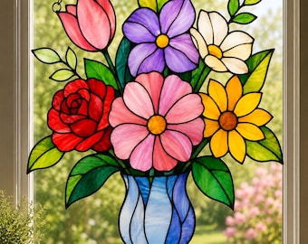 May include: A stained glass window hanging featuring a bouquet of colorful flowers in a blue vase. The arrangement includes a red rose, a pink tulip, a large pink flower, a purple flower, a white flower, and a yellow flower with green leaves.