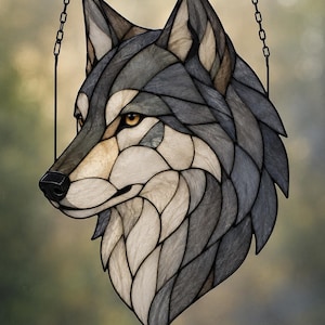 May include: A stained glass suncatcher shaped like a wolf head in profile. The piece features various shades of gray, white, and tan glass segments joined by dark metal lines, with amber-colored glass eyes and a black glass nose, hanging by chains.