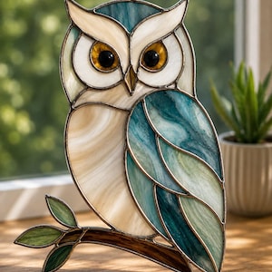 May include: A stained glass owl suncatcher featuring cream, teal, and green glass panels with dark metal soldering. The owl has two amber-colored glass eyes and is perched on a brown glass branch with small green leaves, including a metal hanging loop.