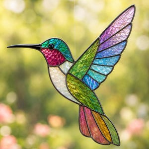May include: A stained glass hummingbird suncatcher featuring a vibrant color palette of iridescent green, pink, blue, and white glass segments held together by dark metal solder lines, depicted in a mid-flight pose with wings extended upward.