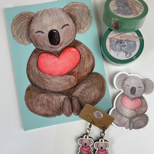 Kira the Koala Bundle – Discounted Bundle with Print, Sticker, Washi Tape & Earrings | Koala huggin a Heart | Art by Kathleen Stuart