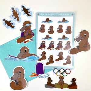Pya the Platypus Sticker Bundle – Adorable Swimming Platypus Stickers & Sticker Sheet Set – Cute Animal Lover Gift  - Art by Kathleen Stuart