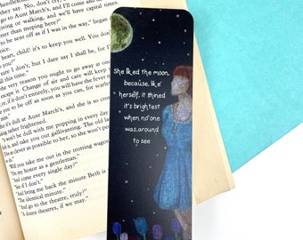 Bookmark of A Girl in a field of Tulips gazing at the Moon - Bookmark with a Quote - Handmade Matte finish Bookmark - Art by Kathleen Stuart