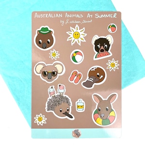 Hoja de pegatinas de animales australianos de verano: koala, wombat, ornitorrinco y más / Hoja de pegatinas brillante de 8,5 x 12,5 cm / Diversión en la playa / Arte de Kathleen Stuart
