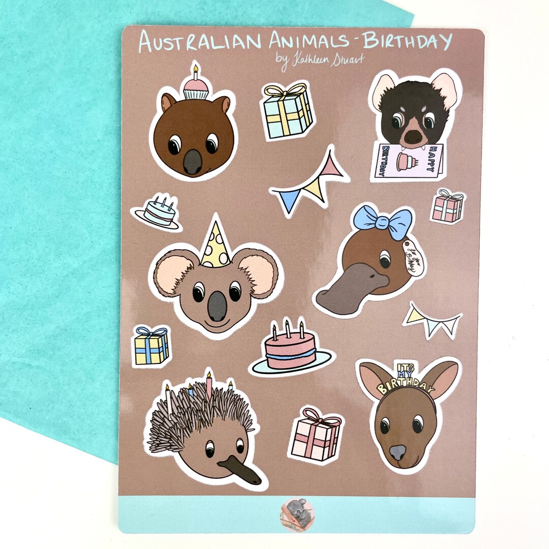 Sticker Sheet of Australian Animals Celebrating Birthdays Cute ...