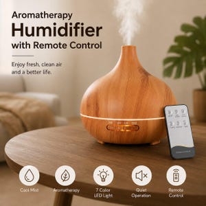 Puede incluir: Un humidificador de aromaterapia con acabado de madera y control remoto que emite una niebla fría. El dispositivo incluye una tira de luz, ajustes de temporizador de 1H, 3H, 6H y ON, e iconos de niebla fría, aromaterapia y luz LED de 7 colores.