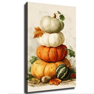 Een patroon van gestapelde beige en bruine pompoenen gecombineerd met witte herfstbladeren. Vredeskunstprint op canvas, wanddecoratie (slaapkamer, woonkamer).