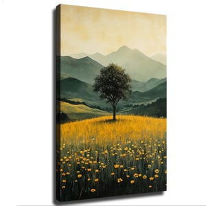 May include: A vertical canvas print depicting a solitary tree standing in a vibrant yellow wildflower meadow. In the background, layered mountain ranges fade into a soft, pale sky, creating a serene landscape scene with deep green and gold tones.