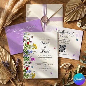 May include: A wedding invitation suite featuring a main card with floral illustrations, Naser and Dewi names, and date details. Includes a purple accommodations card, a reply card with a QR code, and a cream envelope sealed with a lavender wax seal.