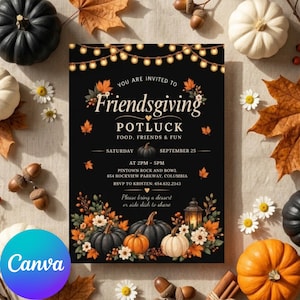 May include: A black rectangular Friendsgiving potluck invitation card featuring string lights, autumn leaves, pumpkins, and a lantern. The text reads: You are invited to Friendsgiving Potluck, Food, Friends & Fun, Saturday September 25, 2pm-5pm, Pintown Rock and Bowl, 654 Rockview Parkway, Columbia, RSVP to Kristen: 654.632.2343, Please bring a dessert or side dish to share.