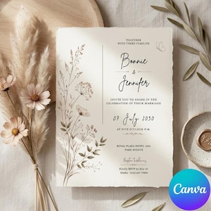 Peut inclure: Une carte d'invitation de mariage couleur crème aux bords effilochés, avec une illustration botanique noire de fleurs sauvages à gauche. Le texte indique : Together with their families, Bonnie & Jennifer invite you to share in the celebration of their marriage, 07 July 2030, at five o'clock p.m., Royal Plaza Hotel 1250 Park Avenue, reception to follow, kindly RSVP by July 07, Misha (812) 667 7898.