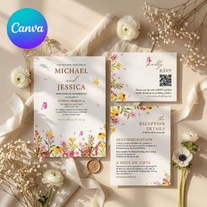 Puede incluir: Un conjunto de invitaciones de boda que incluye una invitación principal, una tarjeta de confirmación con código QR y una tarjeta de detalles de recepción. Cada pieza presenta ilustraciones florales coloridas y mariposas sobre fondo crema.
