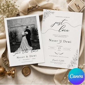 Può includere: Un invito di nozze bianco e un cartoncino save the date con una fotografia in bianco e nero di una coppia. Il testo recita Forever & Always just love, Naser & Dewi, 17 dicembre 2026 e Save the date. I cartoncini sono su un vassoio decorativo.