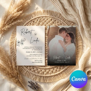 Pode incluir: Um convite de casamento com os nomes Robert e Linda, ilustrações florais de linha e detalhes do evento para 12 de outubro de 2032 no The Oakridge Estate, ao lado de um cartão com a foto de um casal abraçado com o texto Robert + Linda.