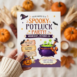 May include: A white rectangular invitation card for a Spooky Potluck Party on Wednesday, October 28. The card features a purple cauldron with green bubbles, a wooden signpost, a jack-o'-lantern, and text including RSVP to Emily 555-555-5555.