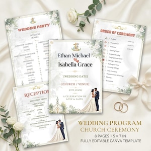 May include: A set of wedding program templates featuring floral accents and a church illustration. The text includes 'Wedding Party', 'Order of Ceremony', 'Reception', and 'Ethan Michael Isabella Grace'. The templates are 5 by 7 inches.