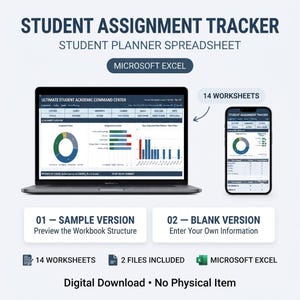 Assignment Tracker Spreadsheet, Student Planner Excel Sheets, Homework & Exam Tracker, Academic Calendar, College Study Organizer