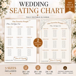 May include: Two wedding seating chart templates with white backgrounds and brown text. Each chart lists tables one through nine with placeholders for guest names, the heading Our Favorite People, and the names James & Elizabeth with October 15, 2026.