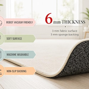 May include: A beige area rug with a 6 mm thickness, featuring a 3 mm fabric surface and a 3 mm sponge backing. The rug has a non-slip backing, is machine washable, has a soft surface, and is robot vacuum friendly as indicated by text.