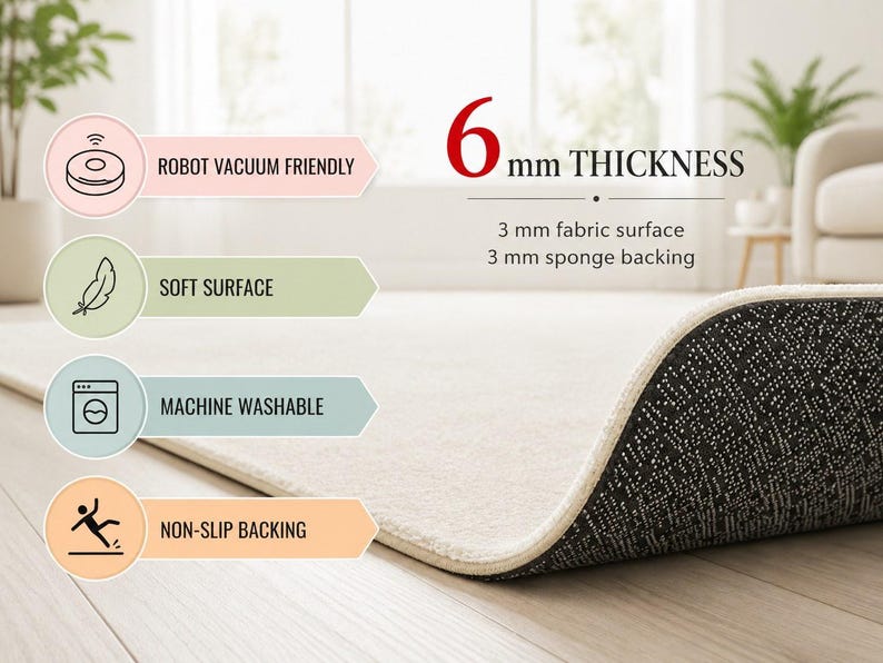 May include: A beige area rug with a 6 mm thickness, featuring a 3 mm fabric surface and a 3 mm sponge backing. The rug has a non-slip backing, is machine washable, has a soft surface, and is robot vacuum friendly as indicated by text.
