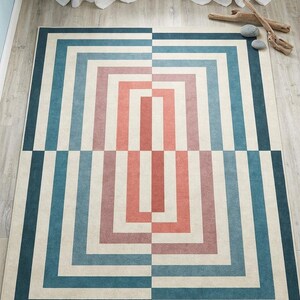 Mid Century Modern Geometric Rug, Bauhaus Art Deco Area Rug, Teal Terracotta Cream (Large) image 2