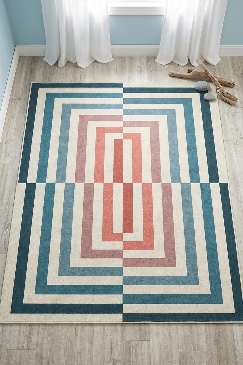 Mid Century Modern Geometric Rug, Bauhaus Art Deco Area Rug, Teal Terracotta Cream (Large) image 2