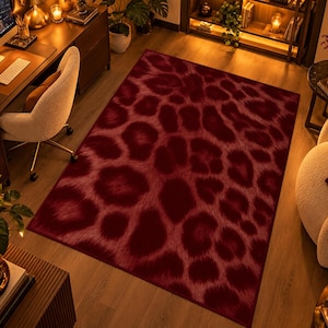 Könnte beinhalten: Ein rechteckiger Teppich mit einem Leopardenmuster in tiefem Burgunderrot und Dunkelrot. Das Design besteht aus großen, unregelmäßigen Flecken mit weichen Kanten in einem dunkleren Farbton auf einem etwas helleren roten Hintergrund.