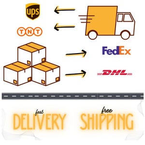 May include: A graphic illustration featuring a yellow delivery truck, three stacked cardboard boxes, and the logos for UPS, TNT, FedEx, and DHL. Black arrows indicate movement between the icons. The text reads fast DELIVERY and free SHIPPING.