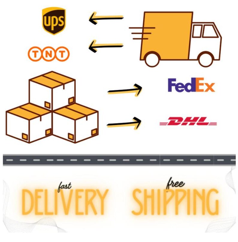 May include: A graphic illustration featuring a yellow delivery truck, three stacked cardboard boxes, and the logos for UPS, TNT, FedEx, and DHL. Black arrows indicate movement between the icons. The text reads fast DELIVERY and free SHIPPING.