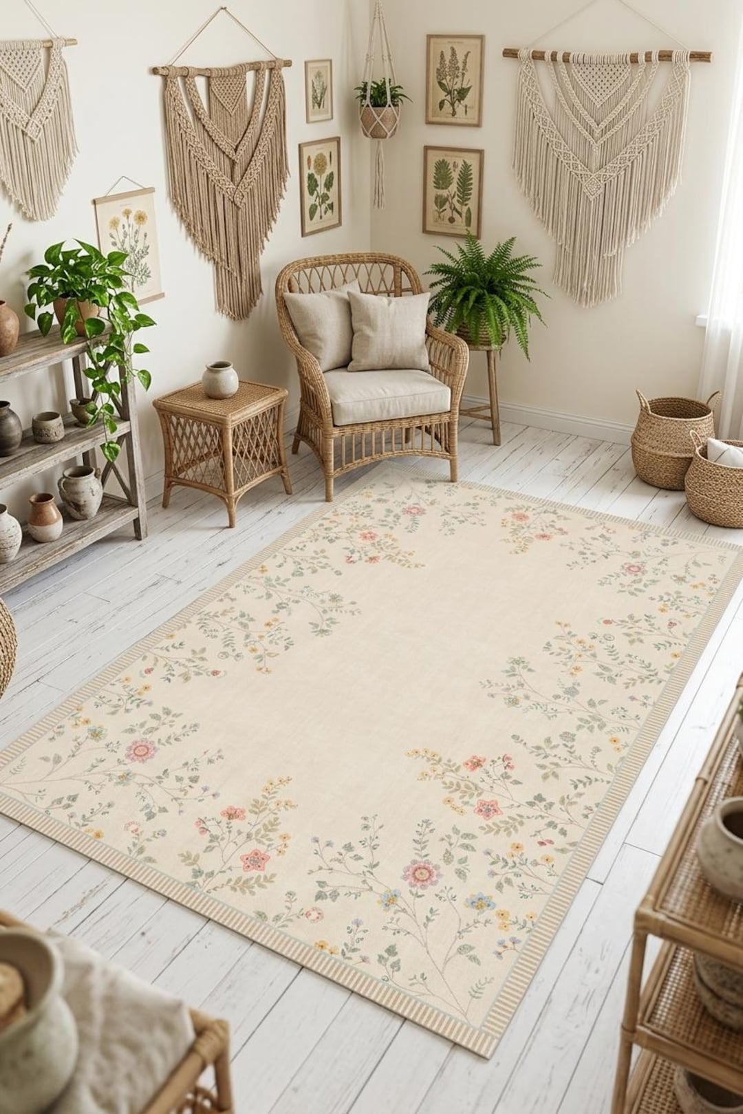 Vintage Floral Border Area Rug, Pastel Flower Meadow Nursery Decor - Etsy