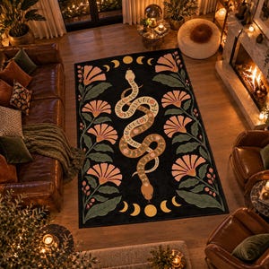 Mystic Snake Moon Rug, Floral Celestial Area Rug, Witchy Boho Decor