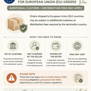 May include: An informational graphic titled IMPORTANT NOTICE FOR EUROPEAN UNION (EU) ORDERS. It explains that additional customs or distribution fees may apply to orders, noting these are set by customs, not the seller, and payable by the buyer.