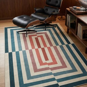 Mid Century Modern Geometric Rug, Bauhaus Art Deco Area Rug, Teal Terracotta Cream (Large) image 5
