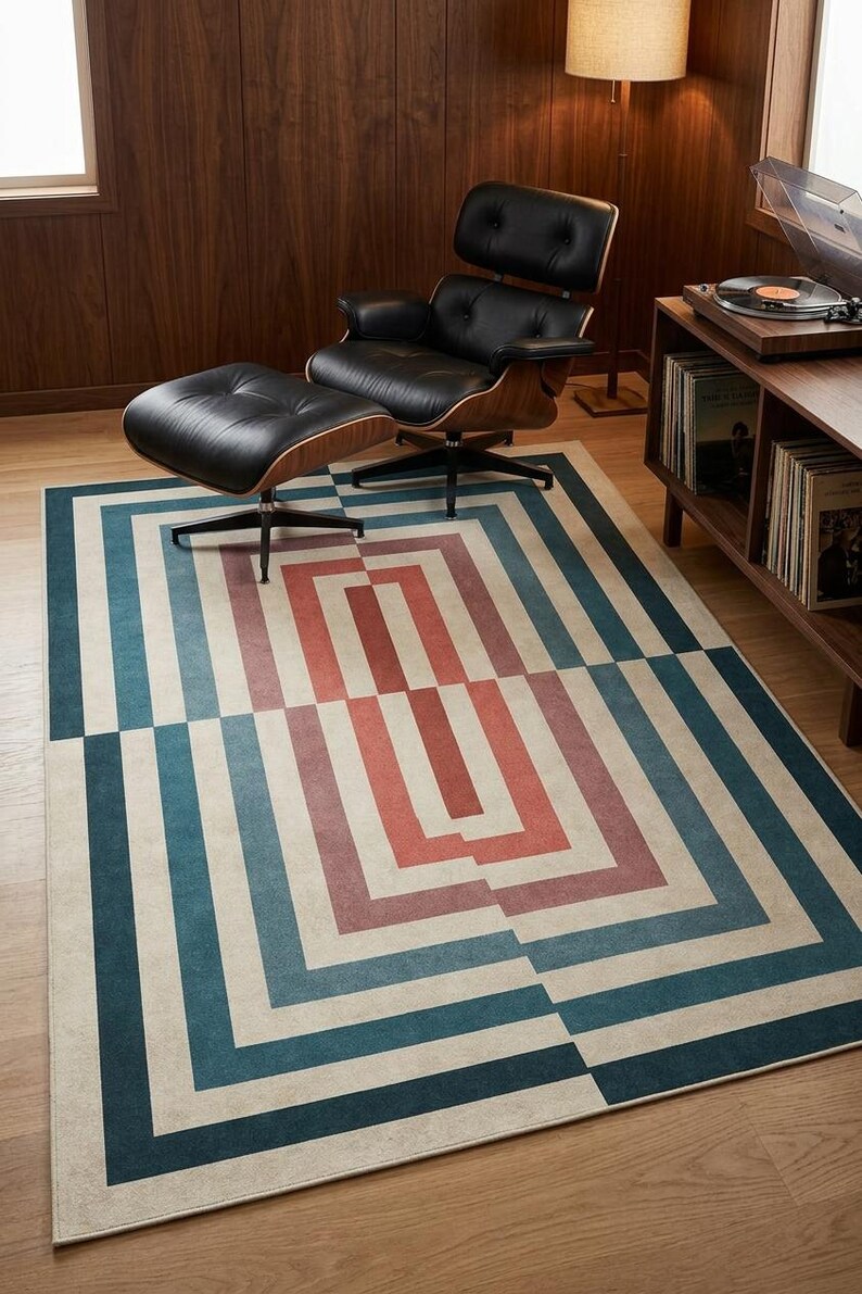 Mid Century Modern Geometric Rug, Bauhaus Art Deco Area Rug, Teal Terracotta Cream (Large) image 5