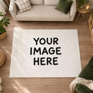May include: A rectangular white area rug featuring the black text "YOUR image HERE" centered on its surface. The rug has a soft, plush texture and is positioned flat on a wooden floor, serving as a customizable base for displaying designs.