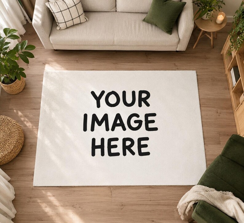 May include: A rectangular white area rug featuring the black text "YOUR image HERE" centered on its surface. The rug has a soft, plush texture and is positioned flat on a wooden floor, serving as a customizable base for displaying designs.