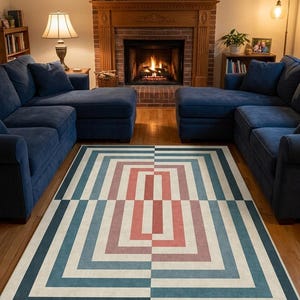 Mid Century Modern Geometric Rug, Bauhaus Art Deco Area Rug, Teal Terracotta Cream (Large) image 1