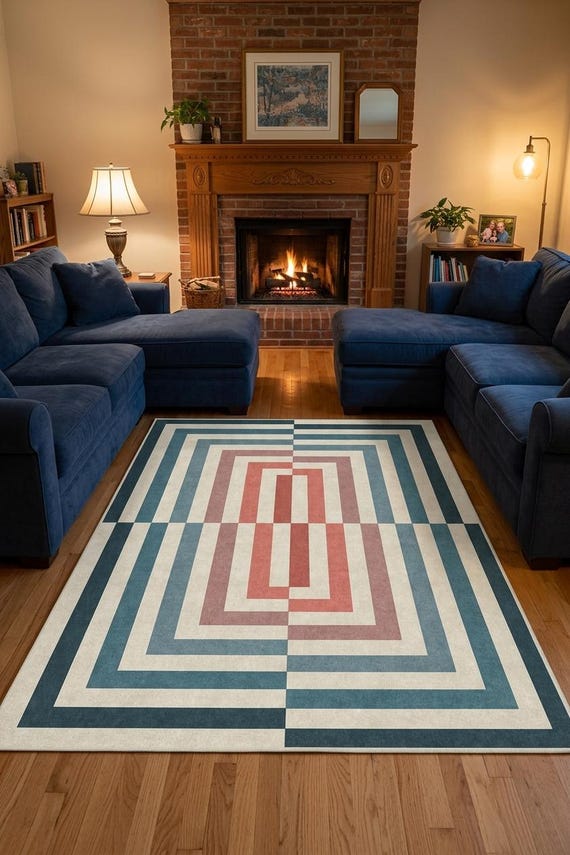 Mid Century Modern Geometric Rug, Bauhaus Art Deco Area Rug, Teal Terracotta Cream (Large)