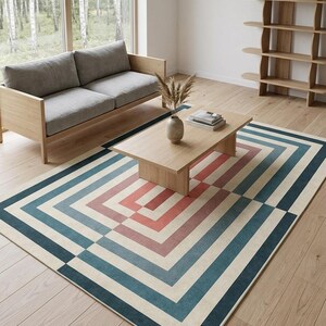 Mid Century Modern Geometric Rug, Bauhaus Art Deco Area Rug, Teal Terracotta Cream (Large) image 3