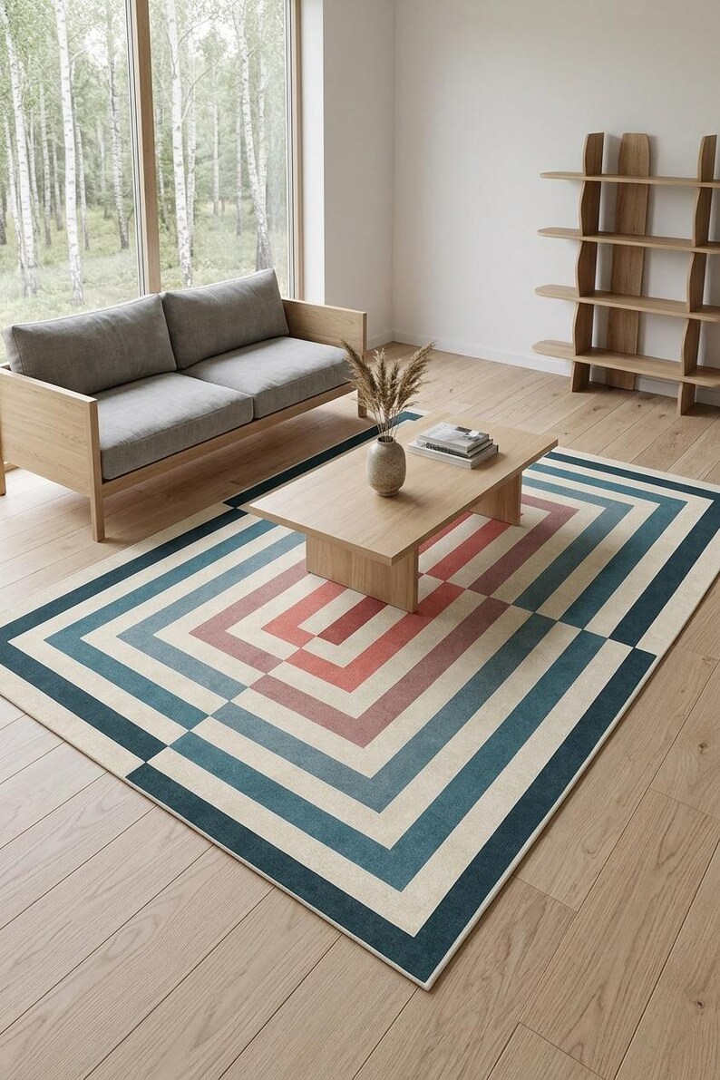 Mid Century Modern Geometric Rug, Bauhaus Art Deco Area Rug, Teal Terracotta Cream (Large) image 3