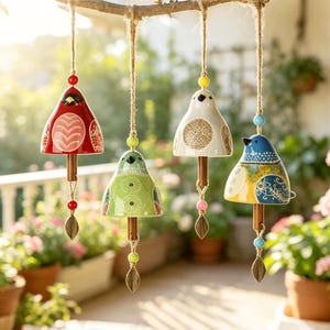 May include: Four ceramic bird-shaped wind chimes hanging from a wooden branch by jute twine. The birds are red, light green, white, and blue with yellow, each featuring intricate patterns, a central clapper, and a small metal leaf-shaped pendant.